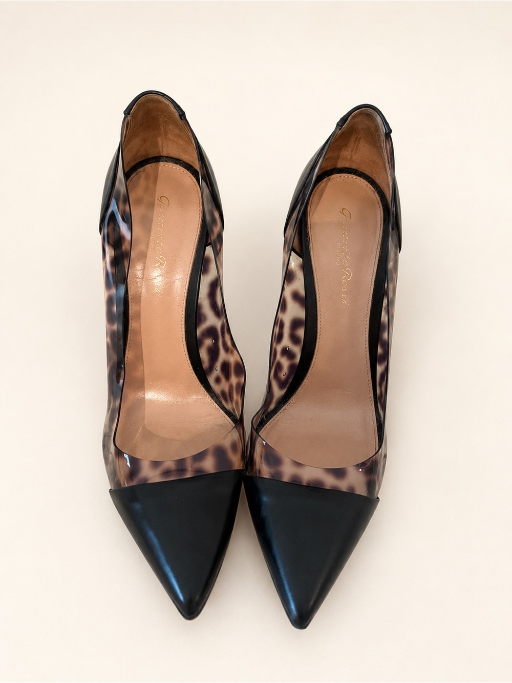Gianvito Rossi Plexi 85 Leopard PVC Black Cap Toe Pumps Size 38.5 US 8